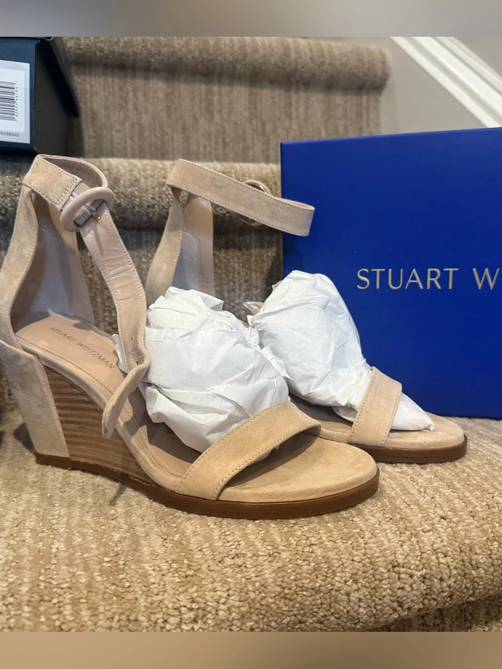 NEW, Never worn Stuart Weitzman Beige Suede Ankle-Strap Sandals - Picture 2 of 10
